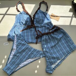 Samiol Small Blue Contrast Lace Plaid Print Tankini 3 Piece Swim Set